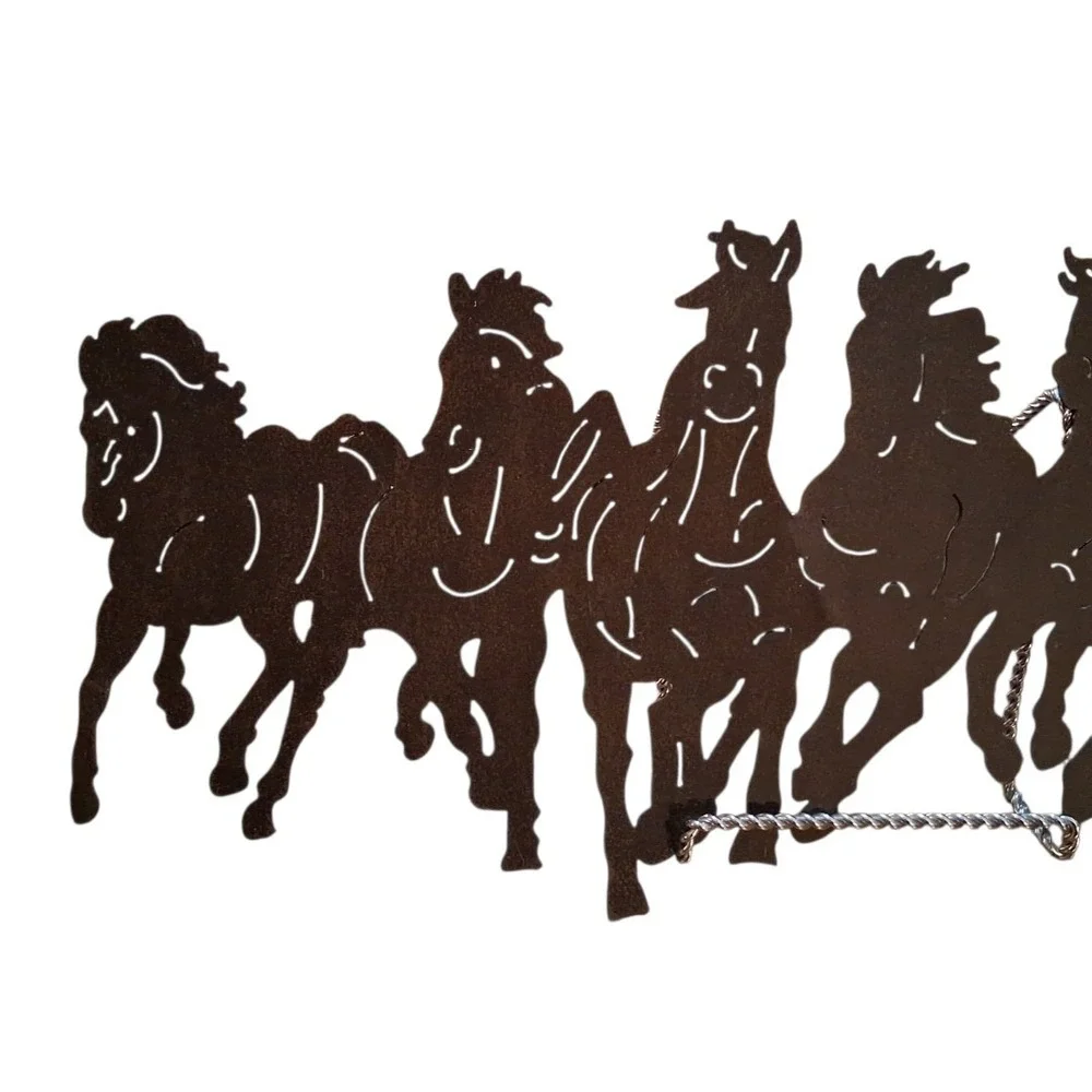 Seven Rustic Running Wild Horses 3D Intricately Cut Black Metal Wall Art 23Lx9T